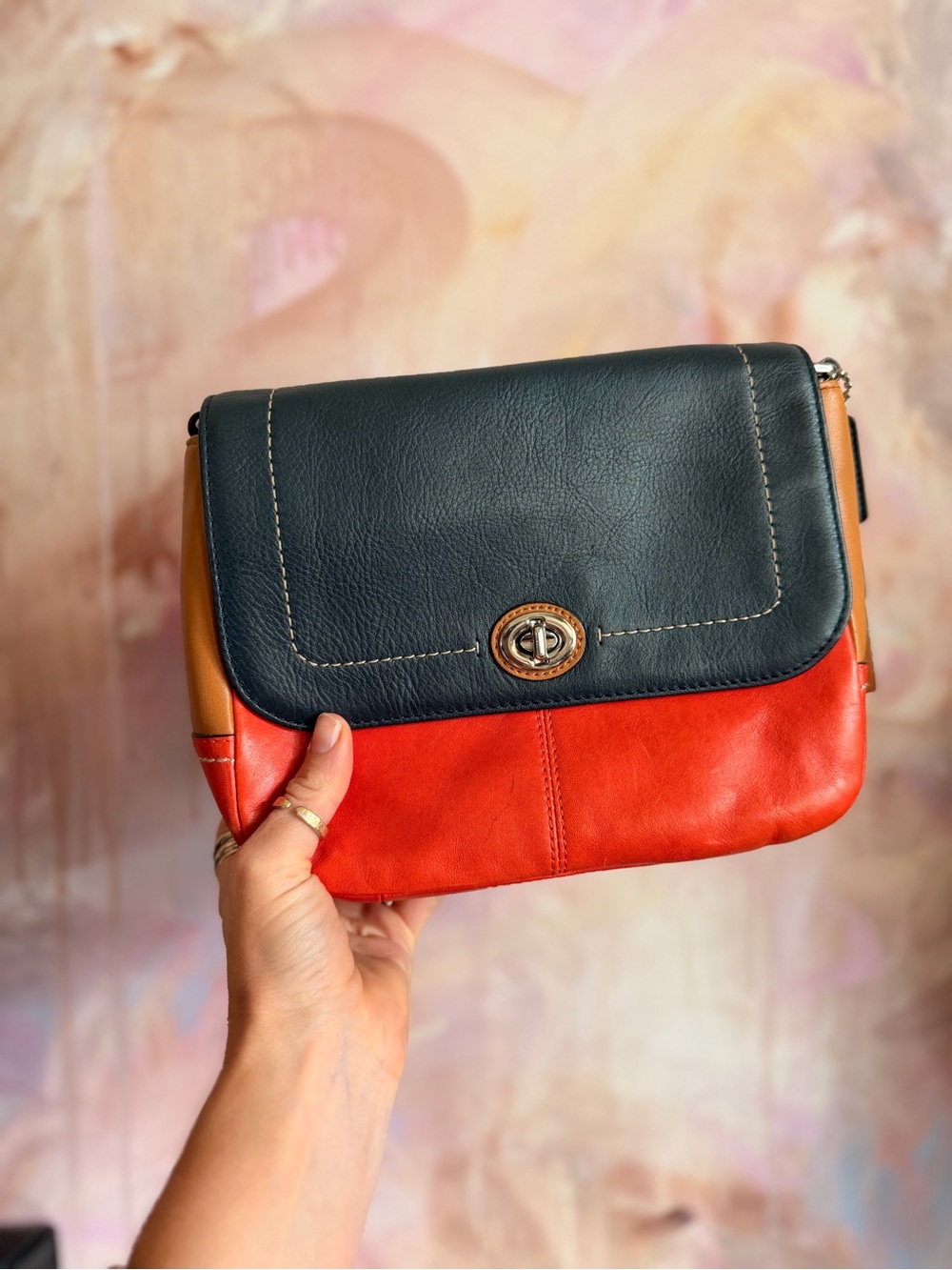 Colorblock Leather Crossbody Bag - Black, Red & Tan